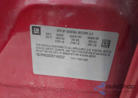 2012 Chevrolet Cruze Ltz z USA, uszkodzony, nr VIN 1G1PH5SC9C7169322